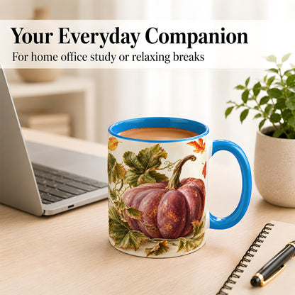 #pl[11oz|Blue] Rustic Mauve Pumpkin Coffee Mug, Autumn Leaves Mug, Ceramic Cup