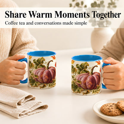 #pl[11oz|Blue] Rustic Mauve Pumpkin Coffee Mug, Autumn Leaves Mug, Ceramic Cup