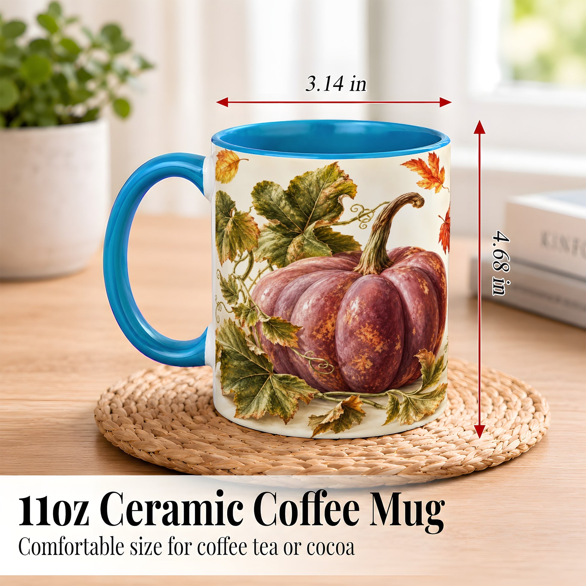 #pl[11oz|Blue] Rustic Mauve Pumpkin Coffee Mug, Autumn Leaves Mug, Ceramic Cup