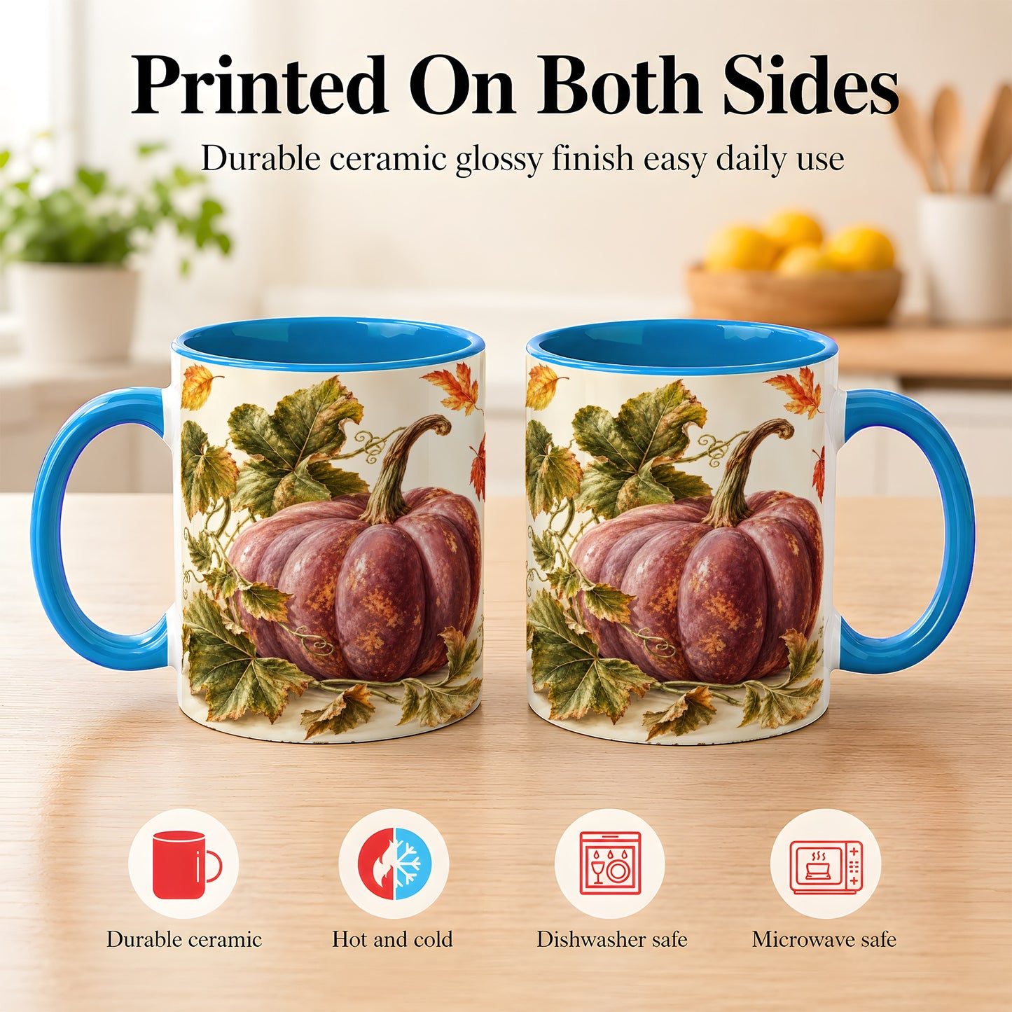 #pl[11oz|Blue] Rustic Mauve Pumpkin Coffee Mug, Autumn Leaves Mug, Ceramic Cup