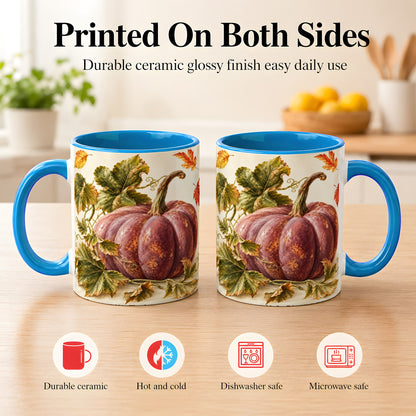 #pl[11oz|Blue] Rustic Mauve Pumpkin Coffee Mug, Autumn Leaves Mug, Ceramic Cup