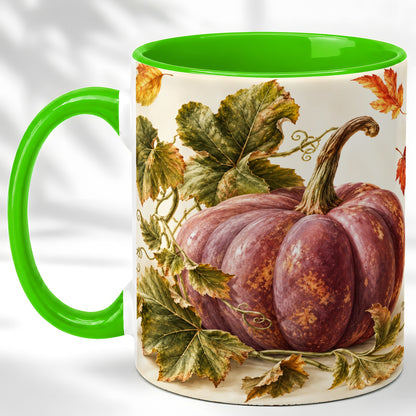 #pl[11oz|Green] Rustic Mauve Pumpkin Coffee Mug, Autumn Leaves Mug, Ceramic Cup