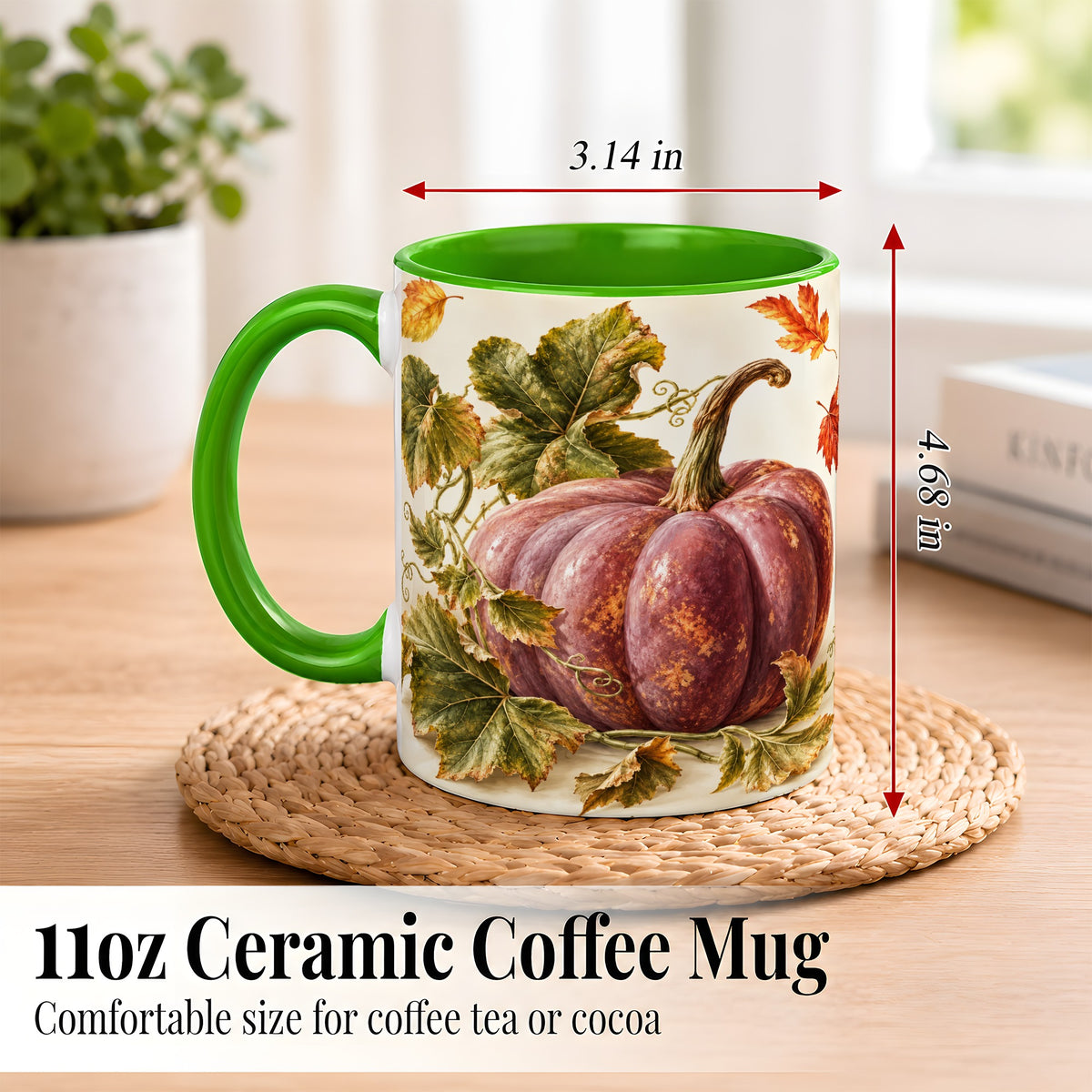#pl[11oz|Green] Rustic Mauve Pumpkin Coffee Mug, Autumn Leaves Mug, Ceramic Cup