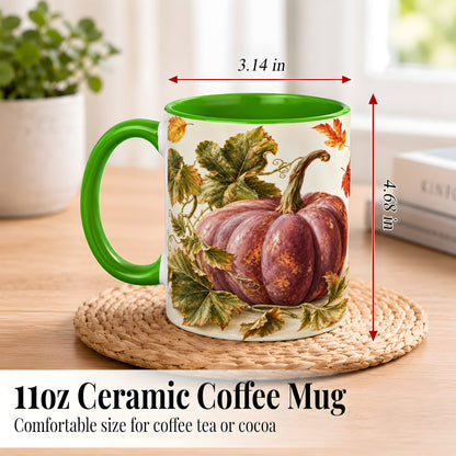 #pl[11oz|Green] Rustic Mauve Pumpkin Coffee Mug, Autumn Leaves Mug, Ceramic Cup