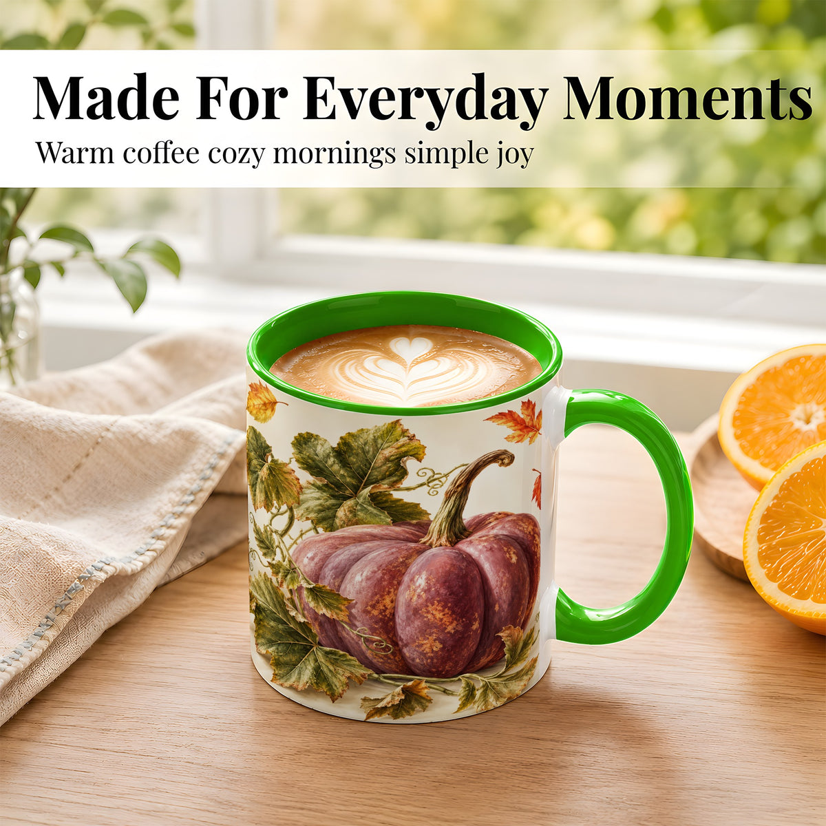 #pl[11oz|Green] Rustic Mauve Pumpkin Coffee Mug, Autumn Leaves Mug, Ceramic Cup