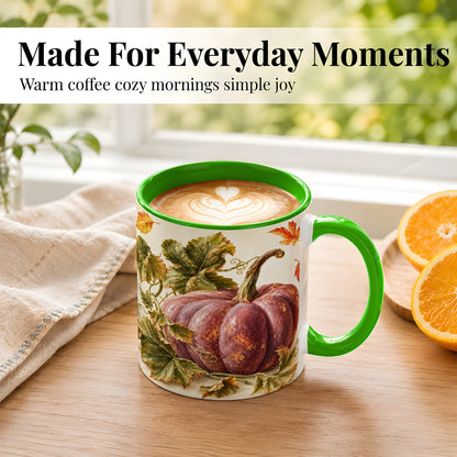 #pl[11oz|Green] Rustic Mauve Pumpkin Coffee Mug, Autumn Leaves Mug, Ceramic Cup
