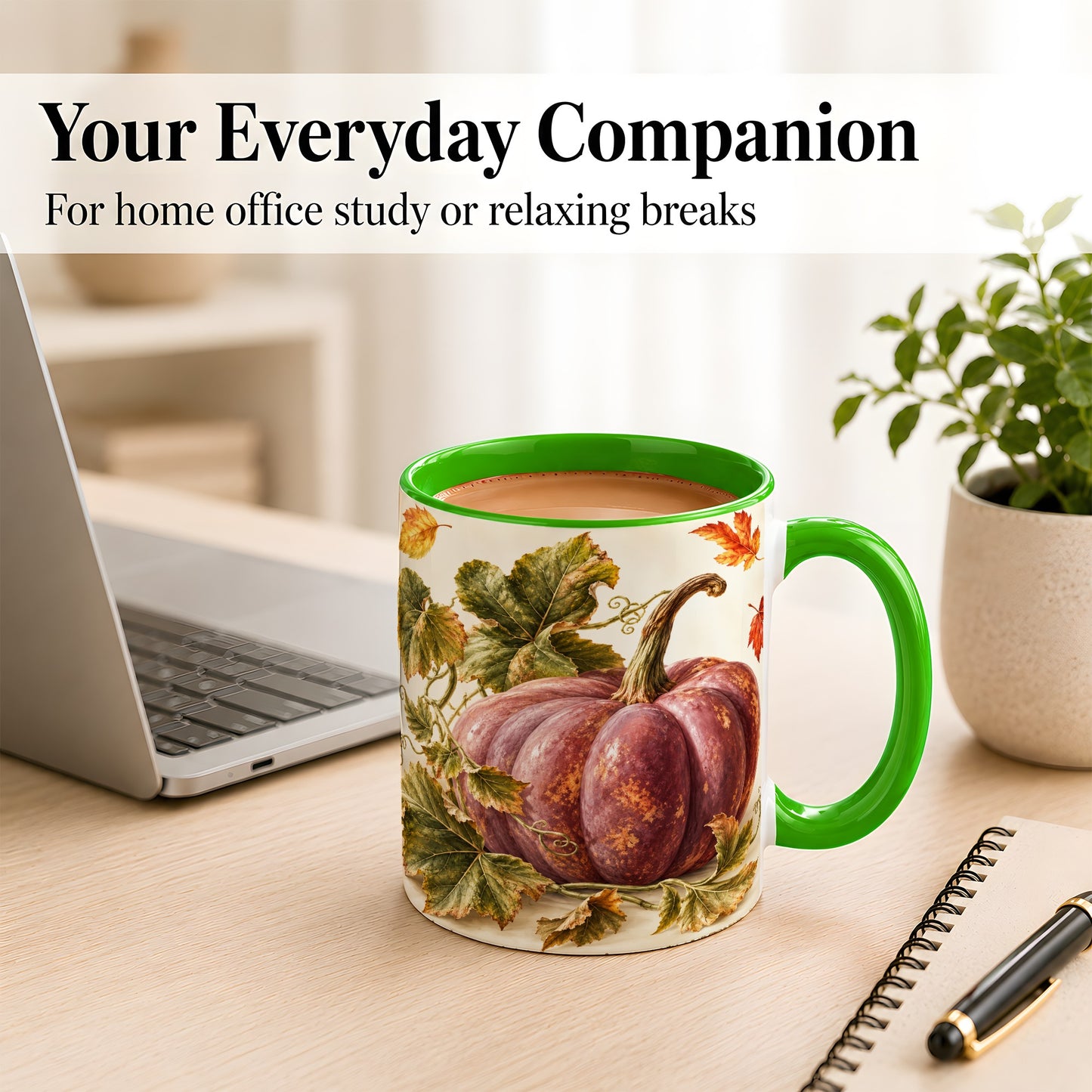 #pl[11oz|Green] Rustic Mauve Pumpkin Coffee Mug, Autumn Leaves Mug, Ceramic Cup