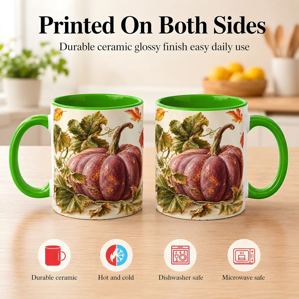 #pl[11oz|Green] Rustic Mauve Pumpkin Coffee Mug, Autumn Leaves Mug, Ceramic Cup
