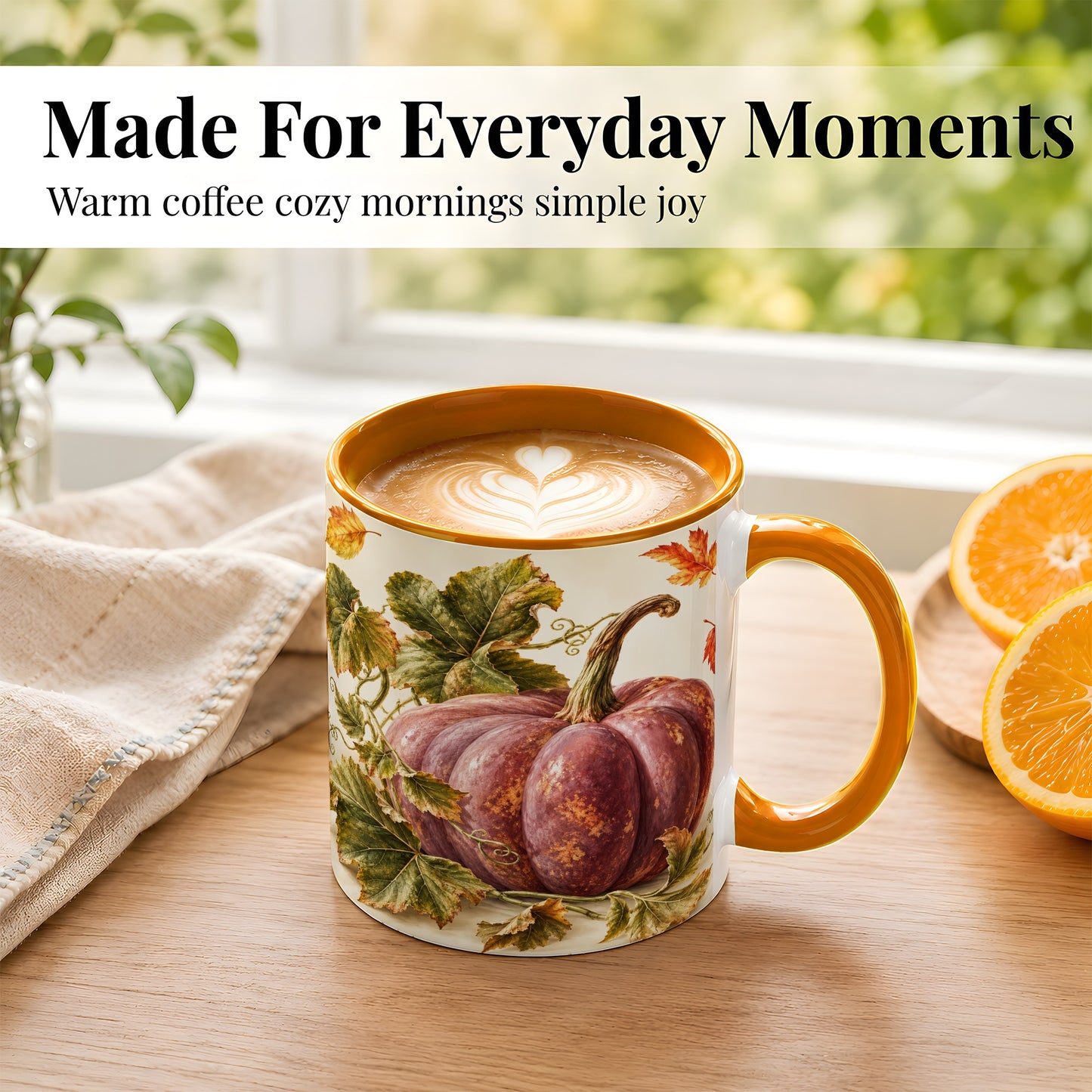 #pl[11oz|Orange] Rustic Mauve Pumpkin Coffee Mug, Autumn Leaves Mug, Ceramic Cup