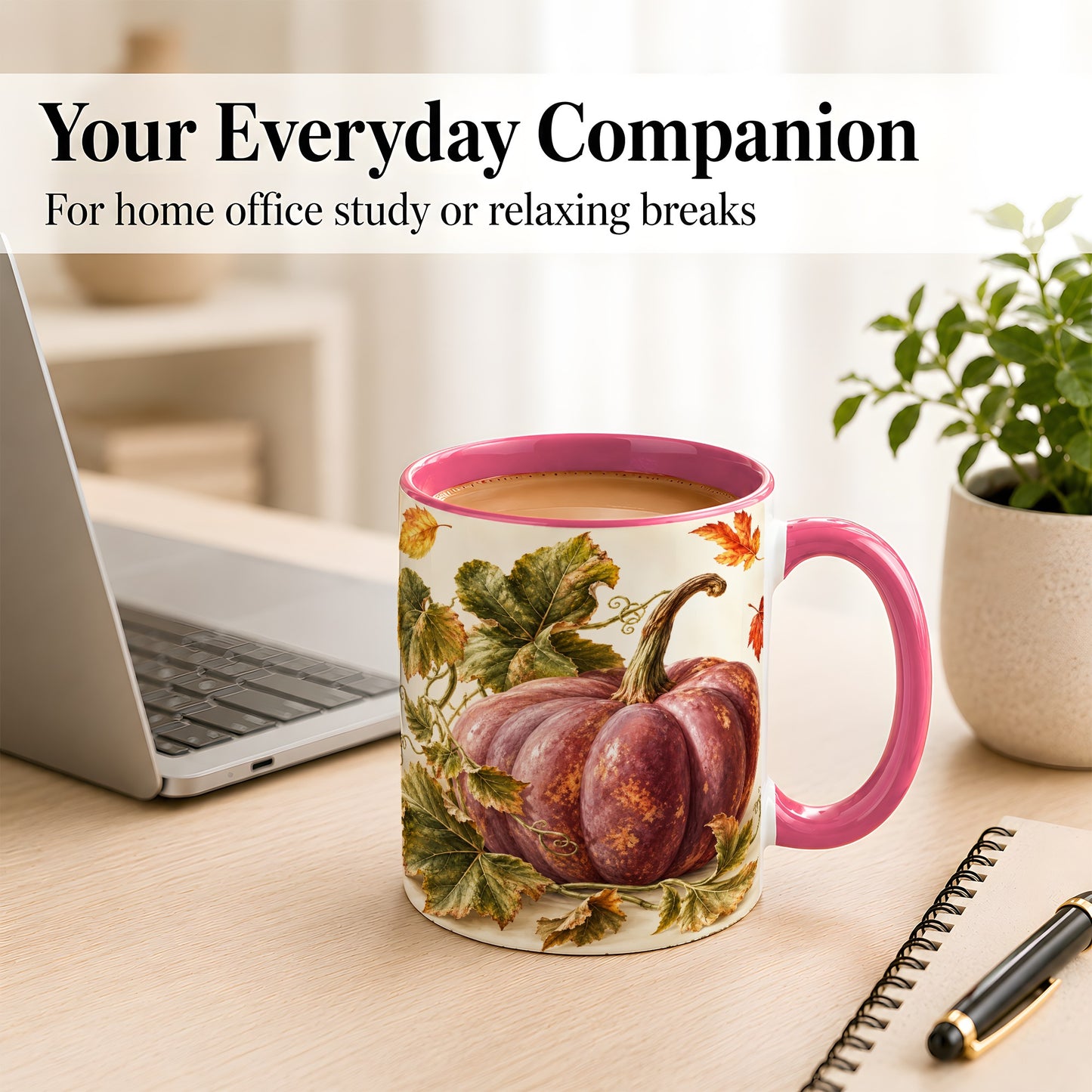 #pl[11oz|Pink] Rustic Mauve Pumpkin Coffee Mug, Autumn Leaves Mug, Ceramic Cup
