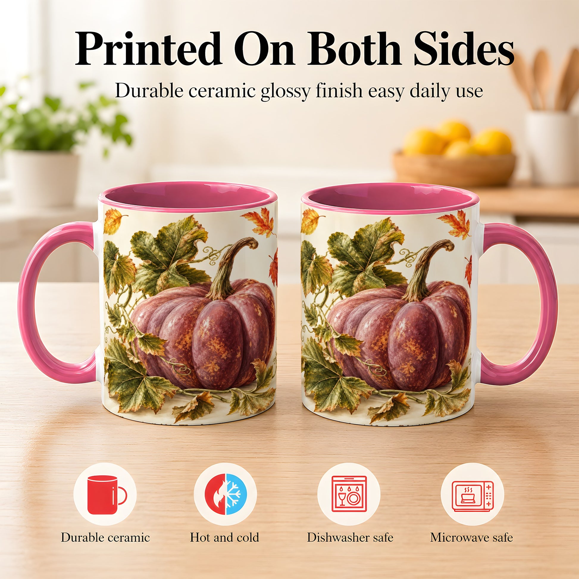 #pl[11oz|Pink] Rustic Mauve Pumpkin Coffee Mug, Autumn Leaves Mug, Ceramic Cup