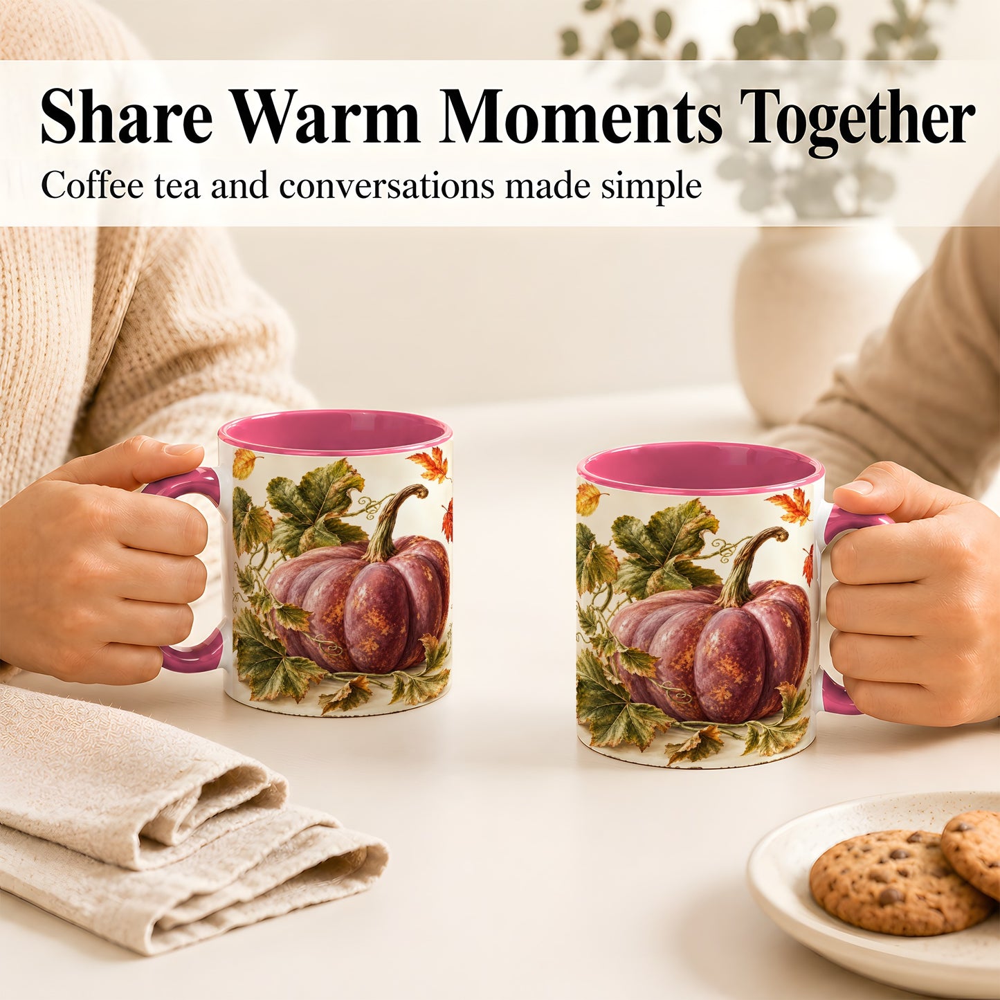 #pl[11oz|Pink] Rustic Mauve Pumpkin Coffee Mug, Autumn Leaves Mug, Ceramic Cup