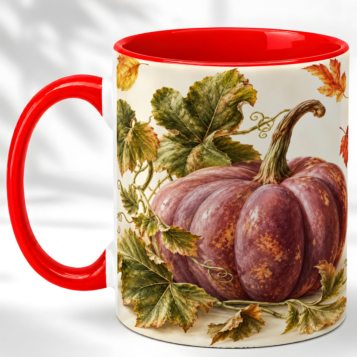 Rustic Mauve Pumpkin Coffee Mug, Autumn Leaves Mug, Ceramic Cup