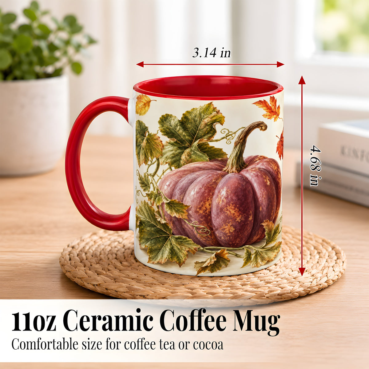 #pl[11oz|Red] Rustic Mauve Pumpkin Coffee Mug, Autumn Leaves Mug, Ceramic Cup