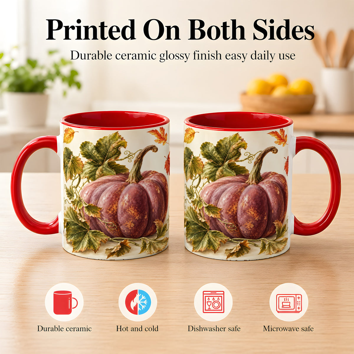 #pl[11oz|Red] Rustic Mauve Pumpkin Coffee Mug, Autumn Leaves Mug, Ceramic Cup