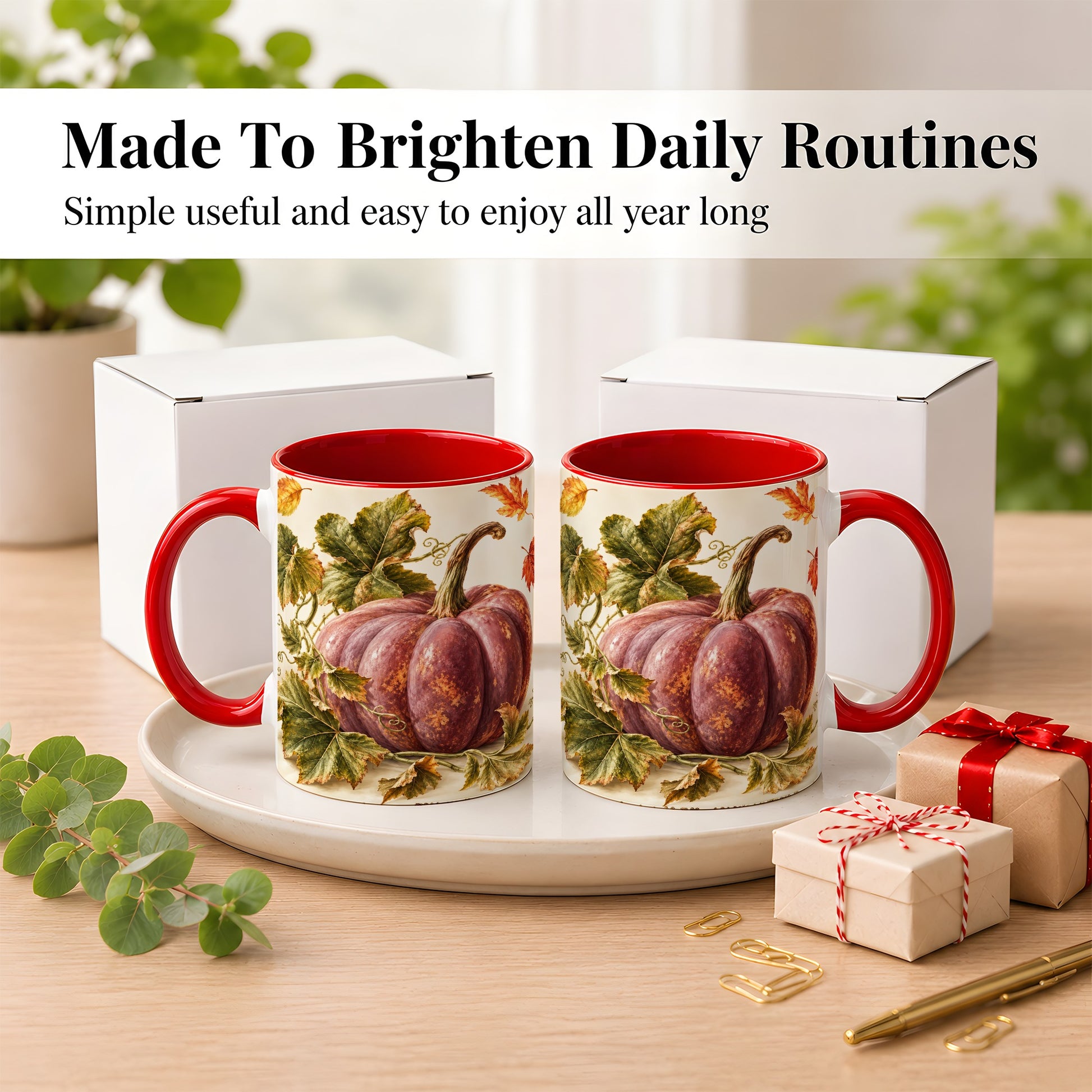 #pl[11oz|Red] Rustic Mauve Pumpkin Coffee Mug, Autumn Leaves Mug, Ceramic Cup
