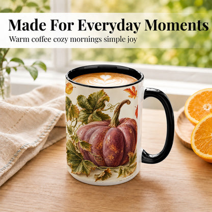 #pl[15oz|Black] Rustic Mauve Pumpkin Coffee Mug, Autumn Leaves Mug, Ceramic Cup