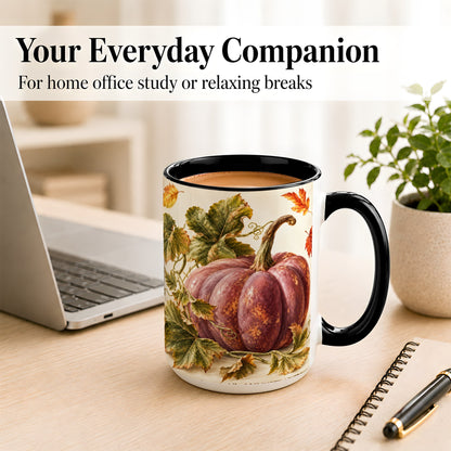 #pl[15oz|Black] Rustic Mauve Pumpkin Coffee Mug, Autumn Leaves Mug, Ceramic Cup
