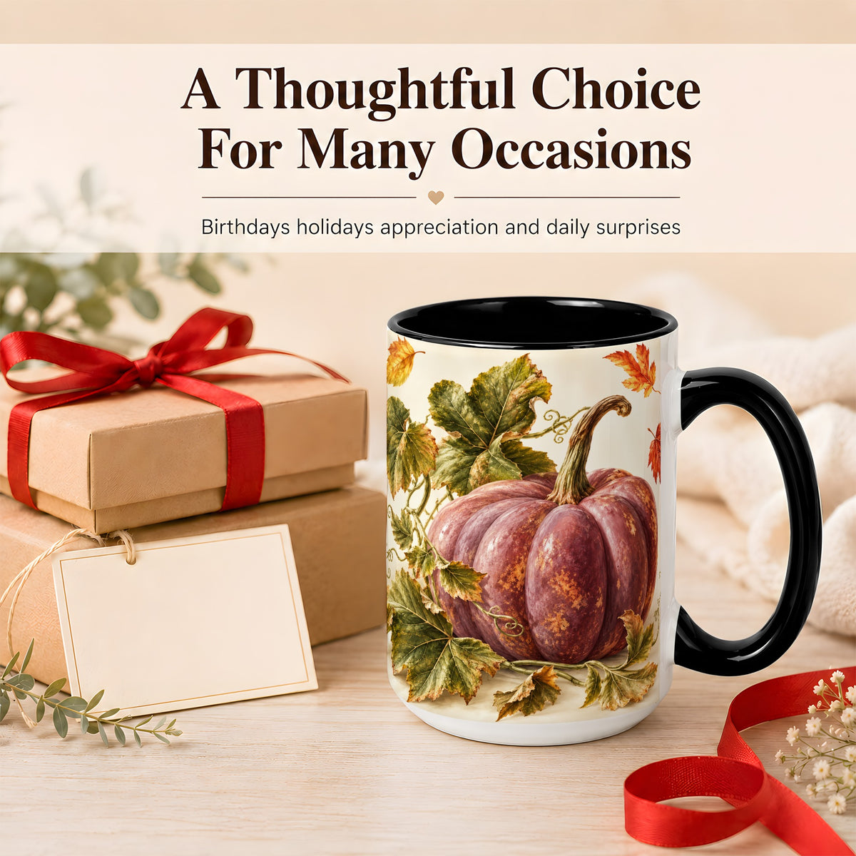 #pl[15oz|Black] Rustic Mauve Pumpkin Coffee Mug, Autumn Leaves Mug, Ceramic Cup