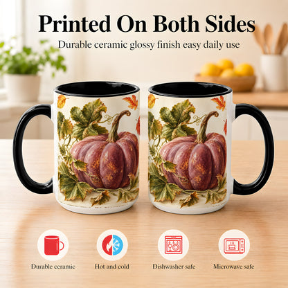 #pl[15oz|Black] Rustic Mauve Pumpkin Coffee Mug, Autumn Leaves Mug, Ceramic Cup