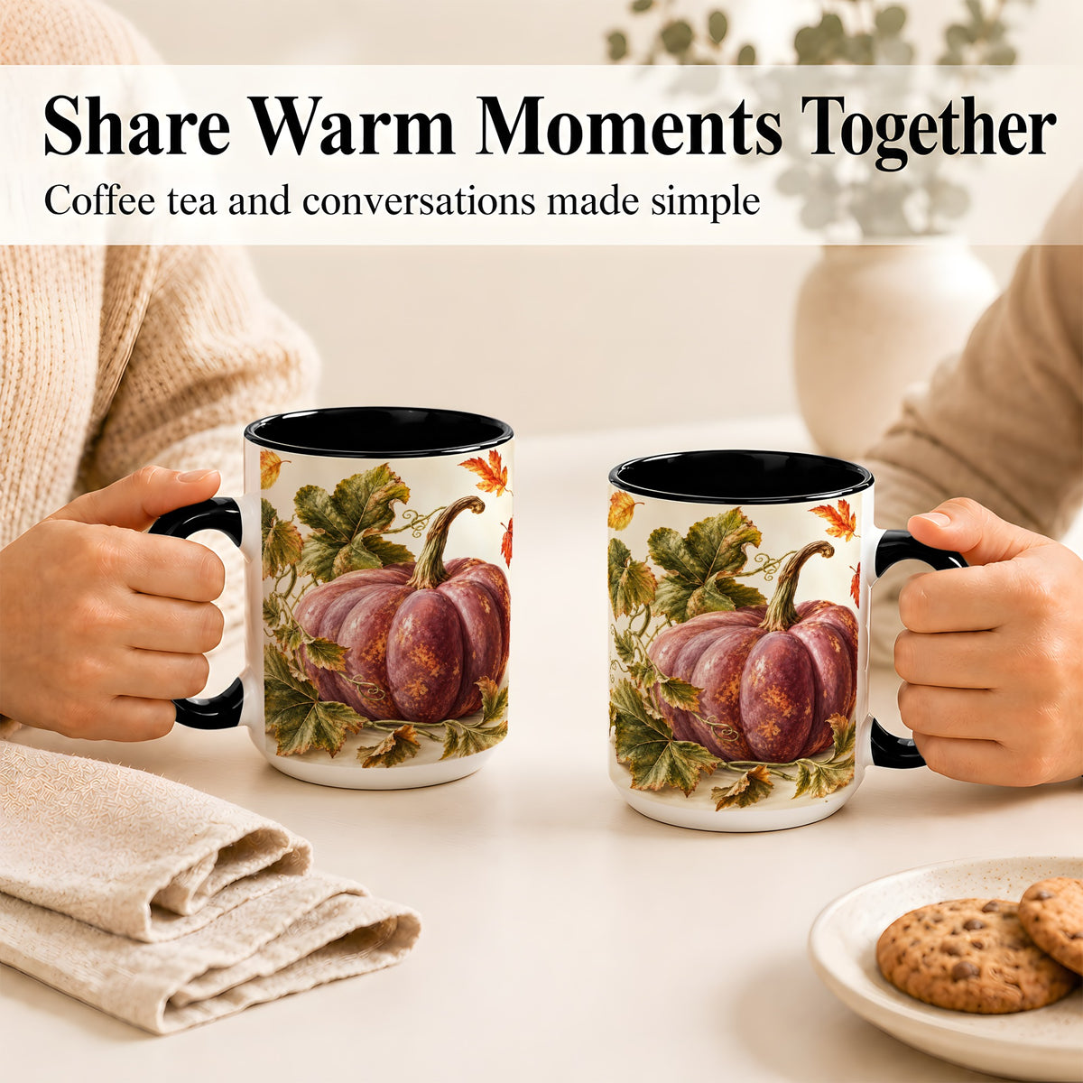 #pl[15oz|Black] Rustic Mauve Pumpkin Coffee Mug, Autumn Leaves Mug, Ceramic Cup