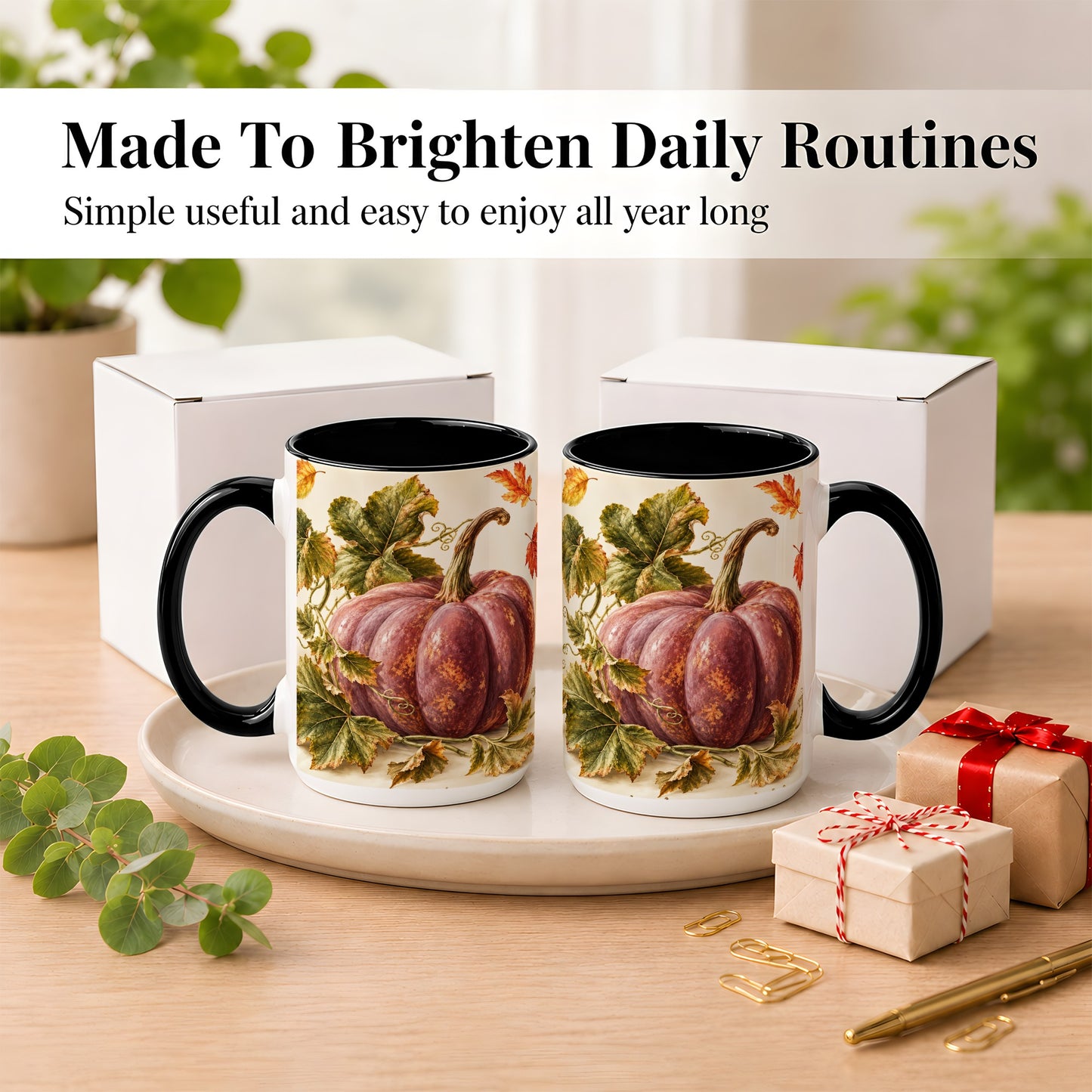 #pl[15oz|Black] Rustic Mauve Pumpkin Coffee Mug, Autumn Leaves Mug, Ceramic Cup