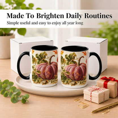 #pl[15oz|Black] Rustic Mauve Pumpkin Coffee Mug, Autumn Leaves Mug, Ceramic Cup