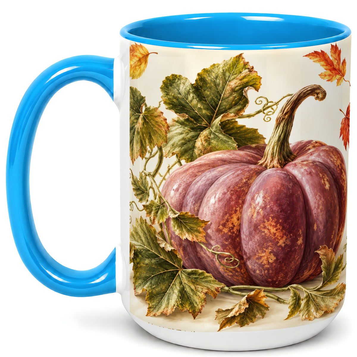 #pl[15oz|Blue] Rustic Mauve Pumpkin Coffee Mug, Autumn Leaves Mug, Ceramic Cup