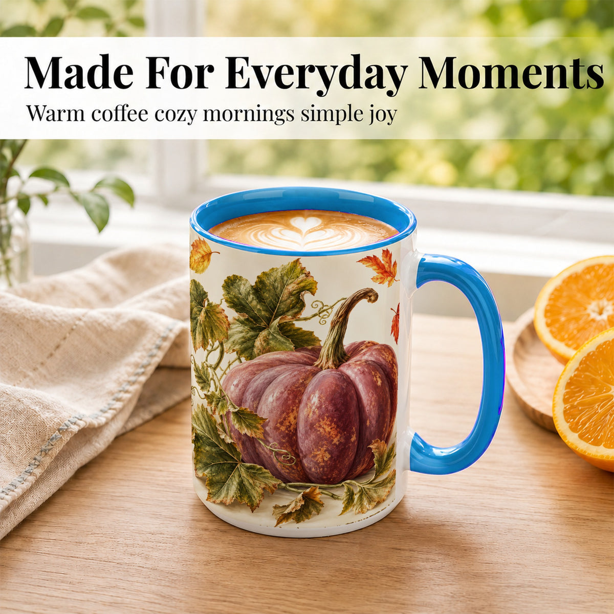 #pl[15oz|Blue] Rustic Mauve Pumpkin Coffee Mug, Autumn Leaves Mug, Ceramic Cup