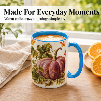 #pl[15oz|Blue] Rustic Mauve Pumpkin Coffee Mug, Autumn Leaves Mug, Ceramic Cup