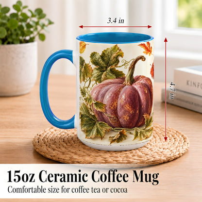 #pl[15oz|Blue] Rustic Mauve Pumpkin Coffee Mug, Autumn Leaves Mug, Ceramic Cup