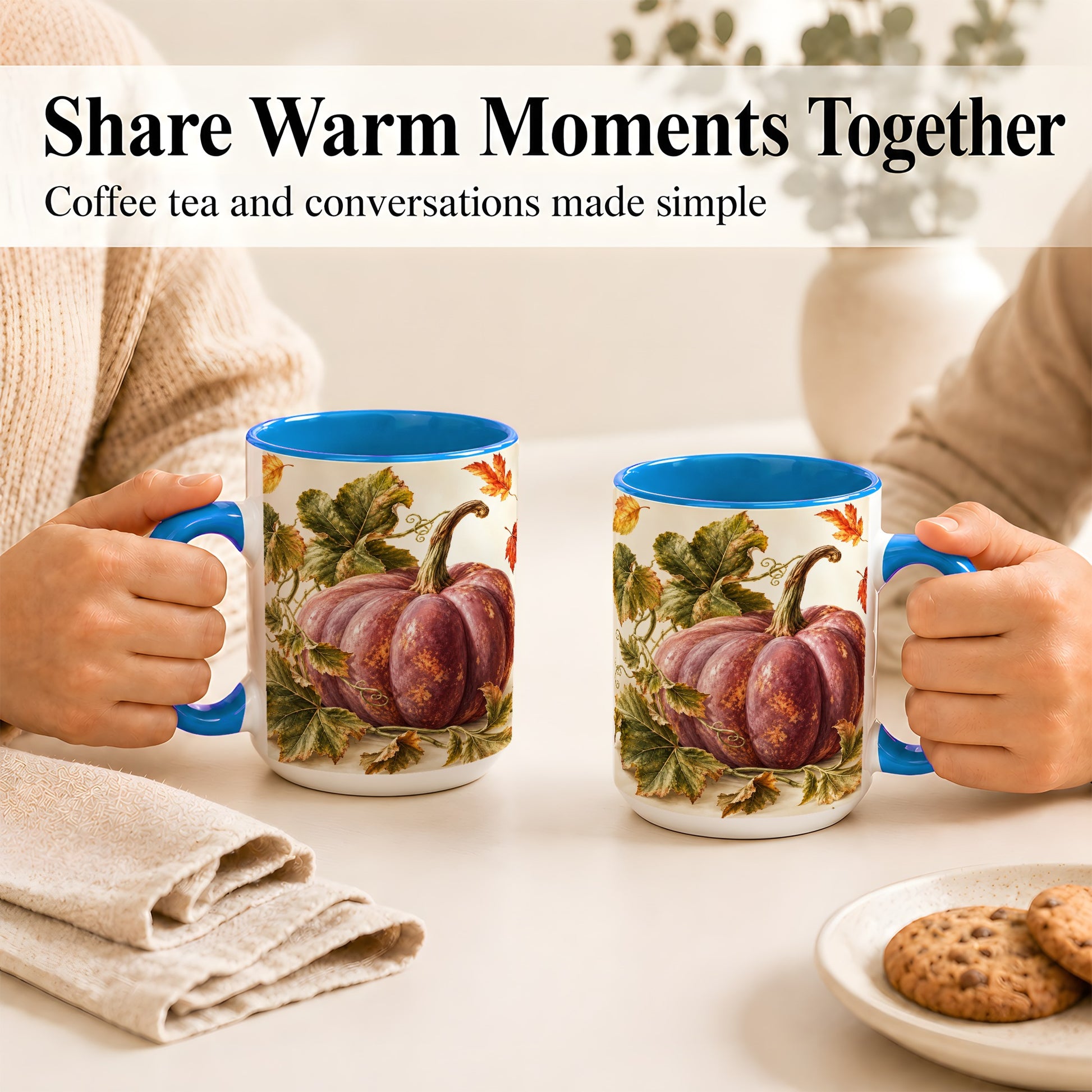 #pl[15oz|Blue] Rustic Mauve Pumpkin Coffee Mug, Autumn Leaves Mug, Ceramic Cup