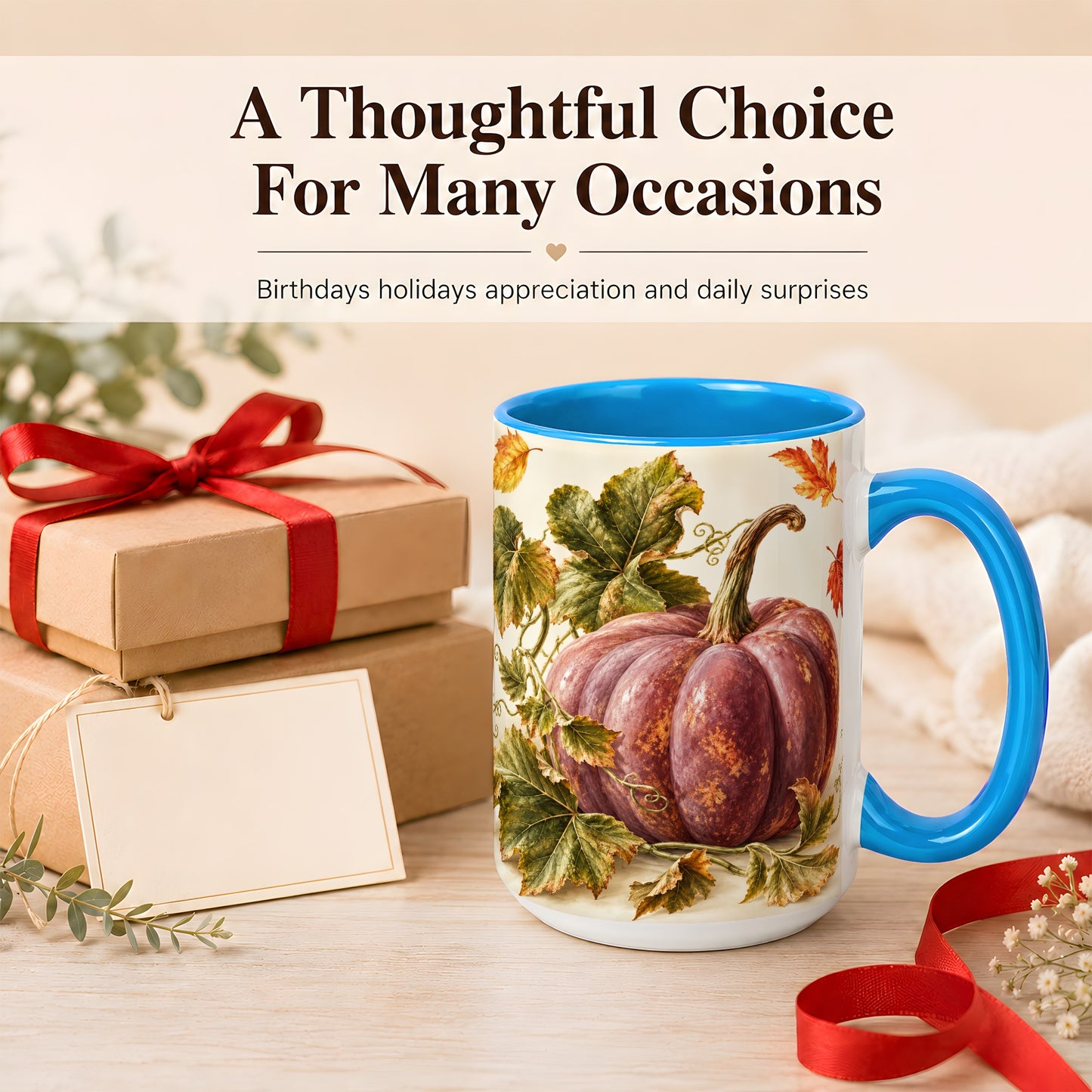#pl[15oz|Blue] Rustic Mauve Pumpkin Coffee Mug, Autumn Leaves Mug, Ceramic Cup