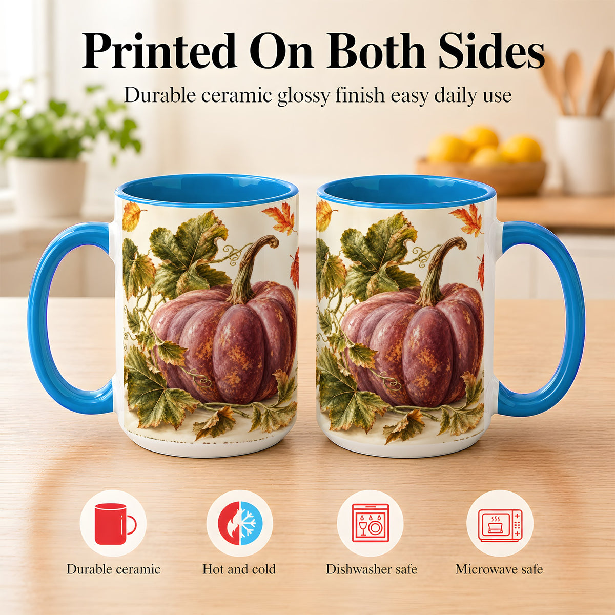 #pl[15oz|Blue] Rustic Mauve Pumpkin Coffee Mug, Autumn Leaves Mug, Ceramic Cup