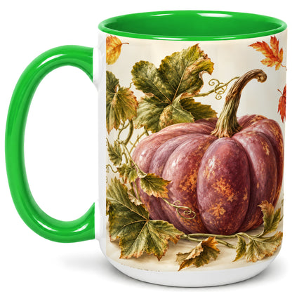 #pl[15oz|Green] Rustic Mauve Pumpkin Coffee Mug, Autumn Leaves Mug, Ceramic Cup