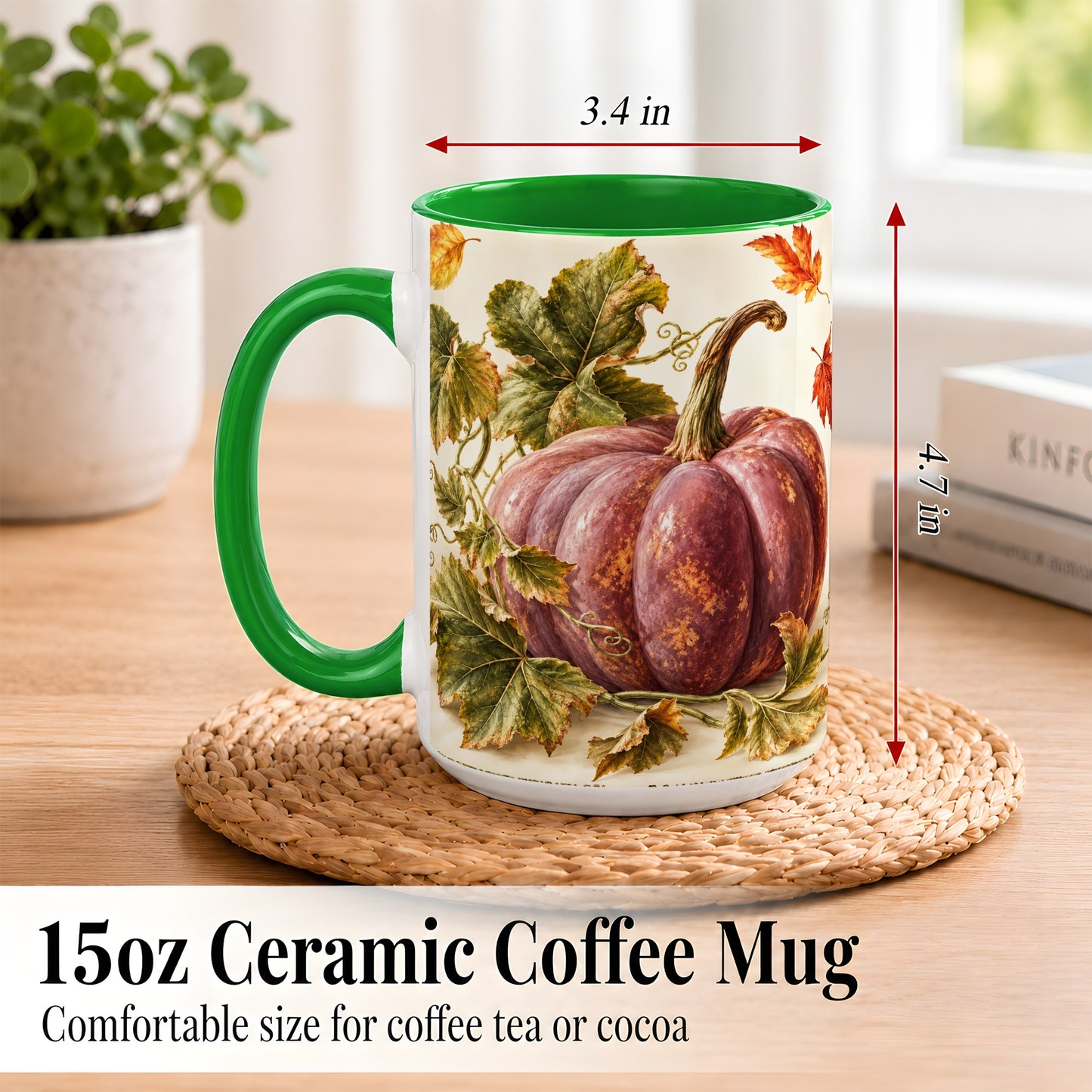#pl[15oz|Green] Rustic Mauve Pumpkin Coffee Mug, Autumn Leaves Mug, Ceramic Cup