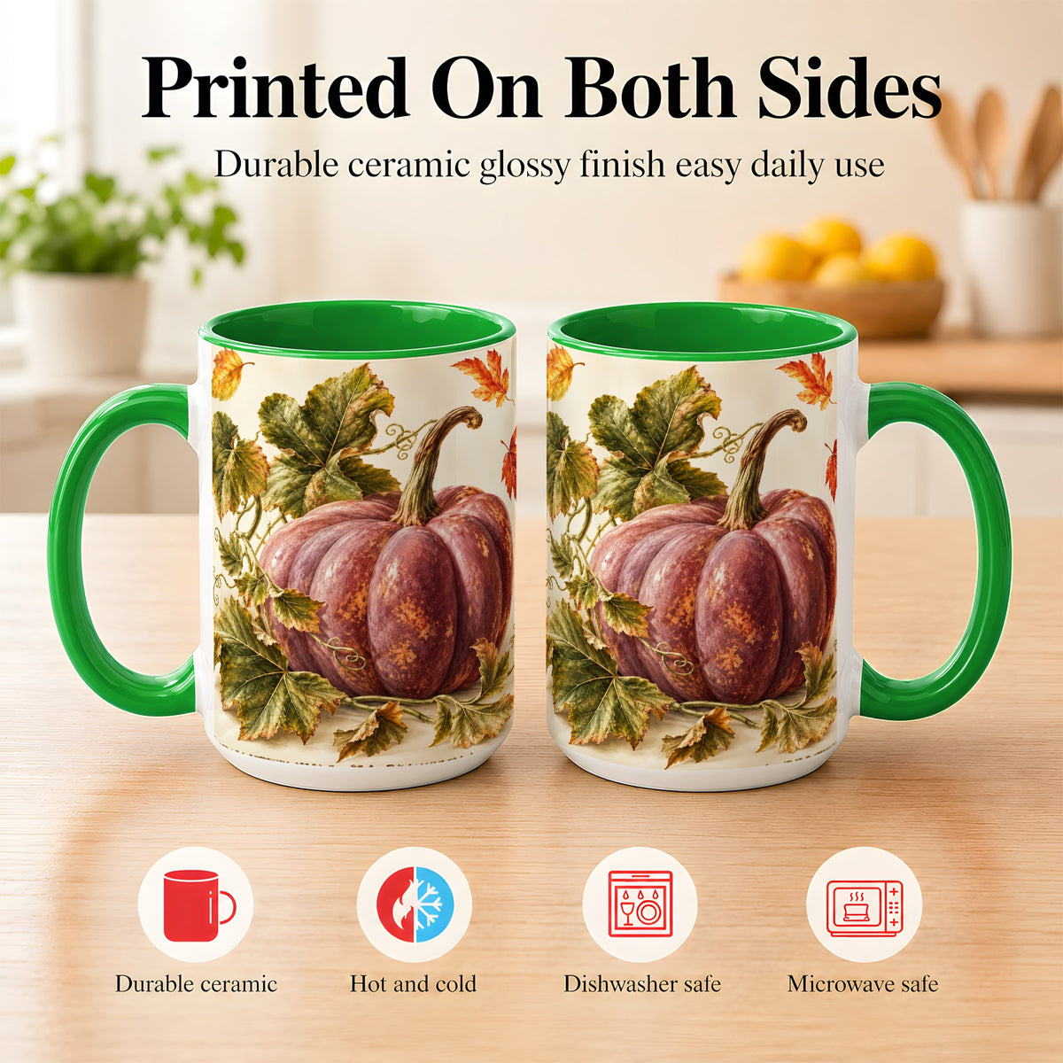 #pl[15oz|Green] Rustic Mauve Pumpkin Coffee Mug, Autumn Leaves Mug, Ceramic Cup
