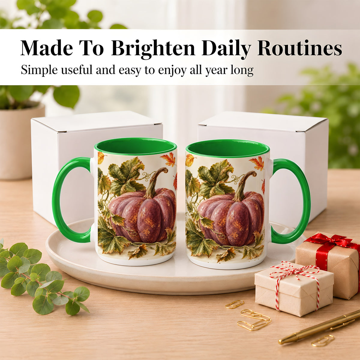 #pl[15oz|Green] Rustic Mauve Pumpkin Coffee Mug, Autumn Leaves Mug, Ceramic Cup