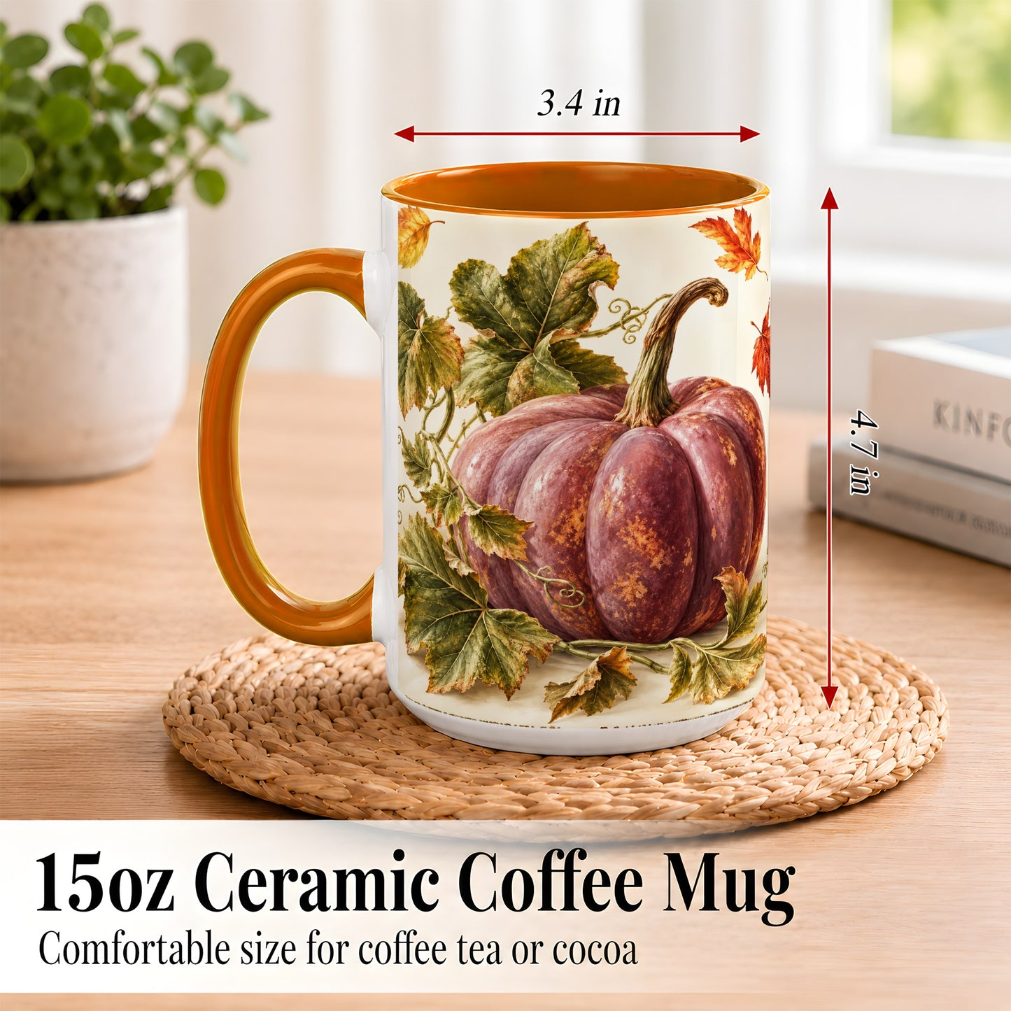 #pl[15oz|Orange] Rustic Mauve Pumpkin Coffee Mug, Autumn Leaves Mug, Ceramic Cup
