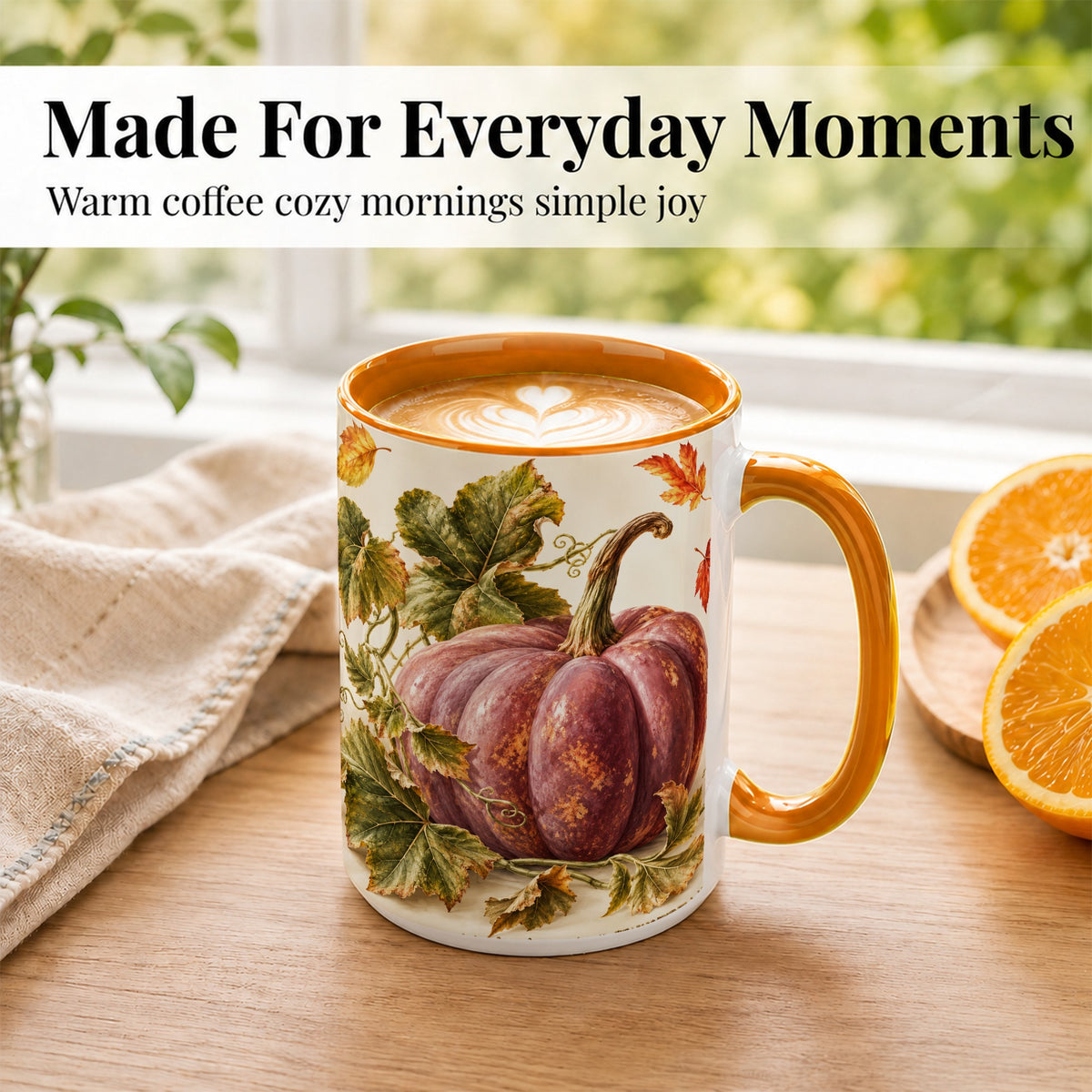 #pl[15oz|Orange] Rustic Mauve Pumpkin Coffee Mug, Autumn Leaves Mug, Ceramic Cup