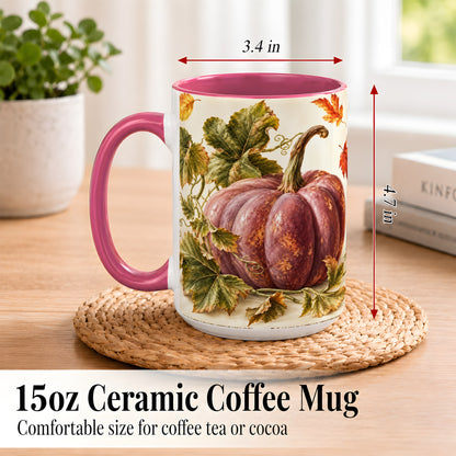 #pl[15oz|Pink] Rustic Mauve Pumpkin Coffee Mug, Autumn Leaves Mug, Ceramic Cup