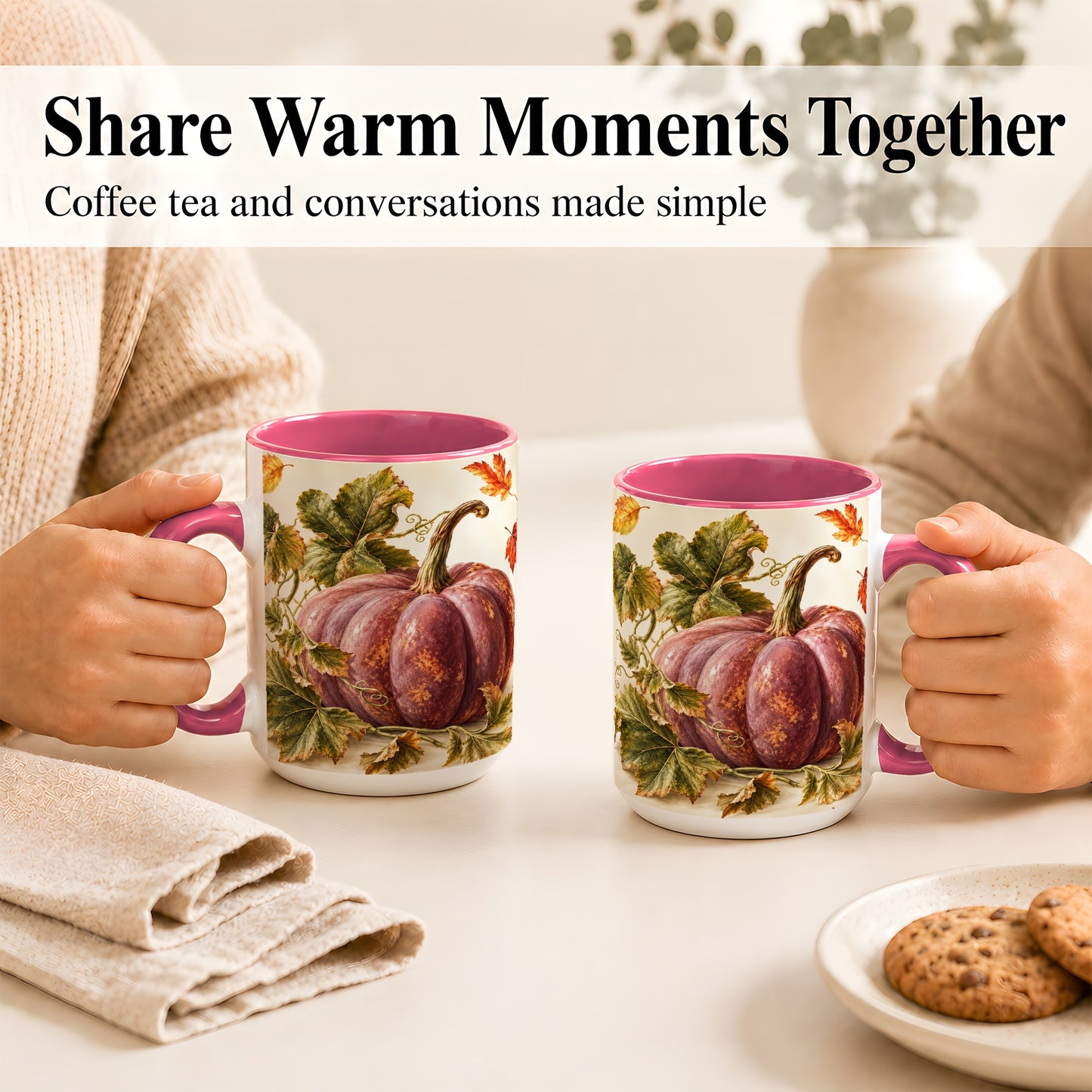 #pl[15oz|Pink] Rustic Mauve Pumpkin Coffee Mug, Autumn Leaves Mug, Ceramic Cup