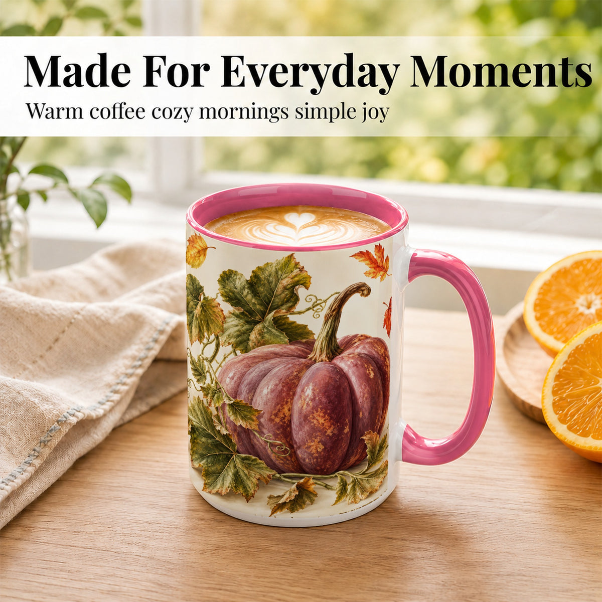 #pl[15oz|Pink] Rustic Mauve Pumpkin Coffee Mug, Autumn Leaves Mug, Ceramic Cup