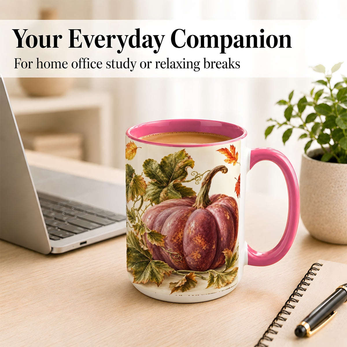 #pl[15oz|Pink] Rustic Mauve Pumpkin Coffee Mug, Autumn Leaves Mug, Ceramic Cup