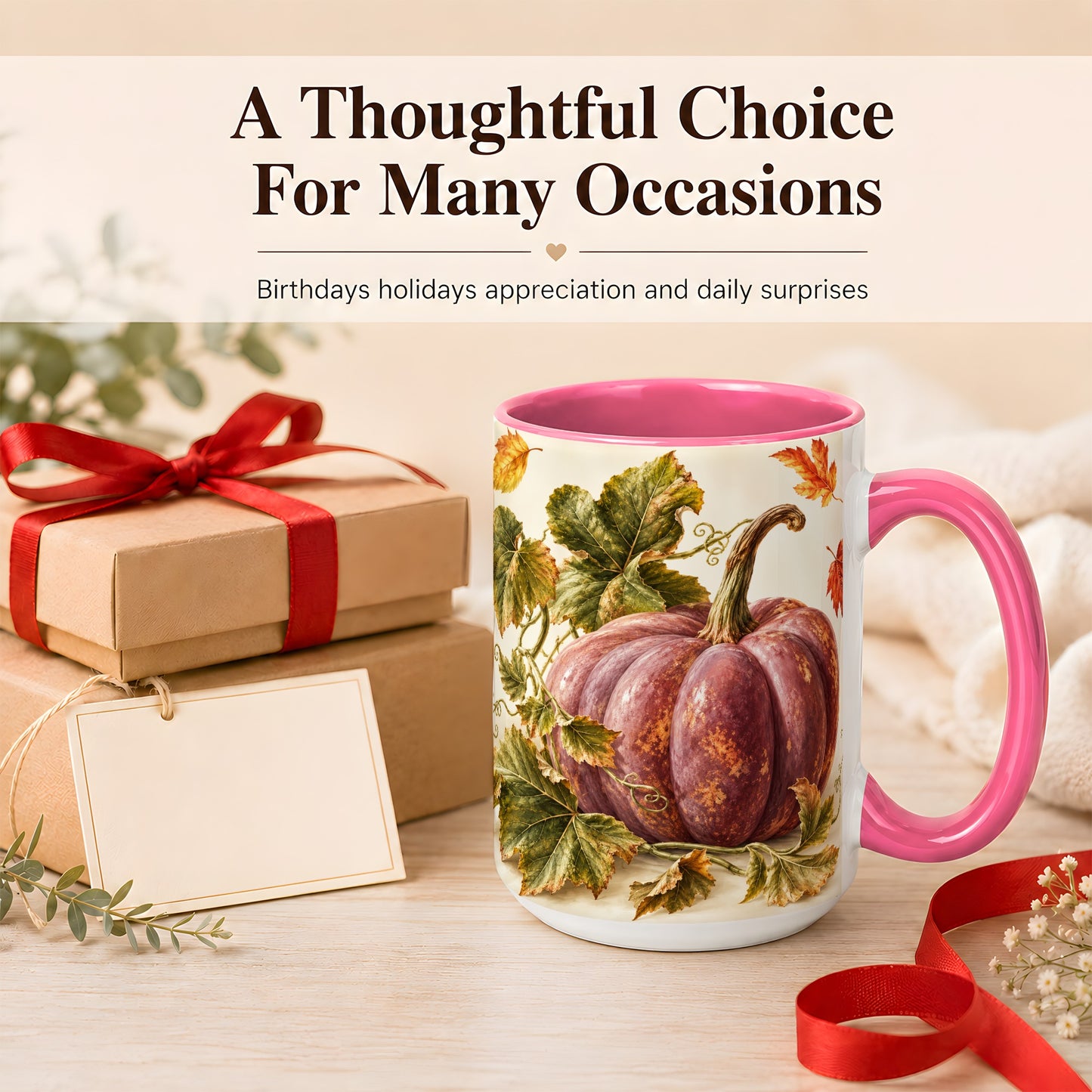 #pl[15oz|Pink] Rustic Mauve Pumpkin Coffee Mug, Autumn Leaves Mug, Ceramic Cup