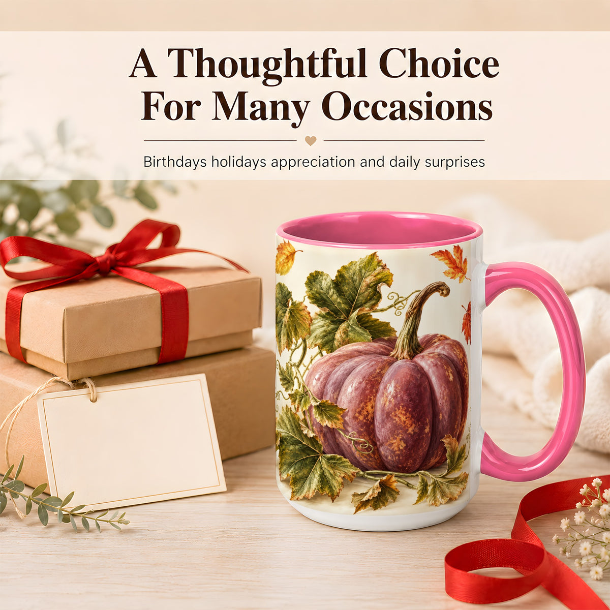 #pl[15oz|Pink] Rustic Mauve Pumpkin Coffee Mug, Autumn Leaves Mug, Ceramic Cup