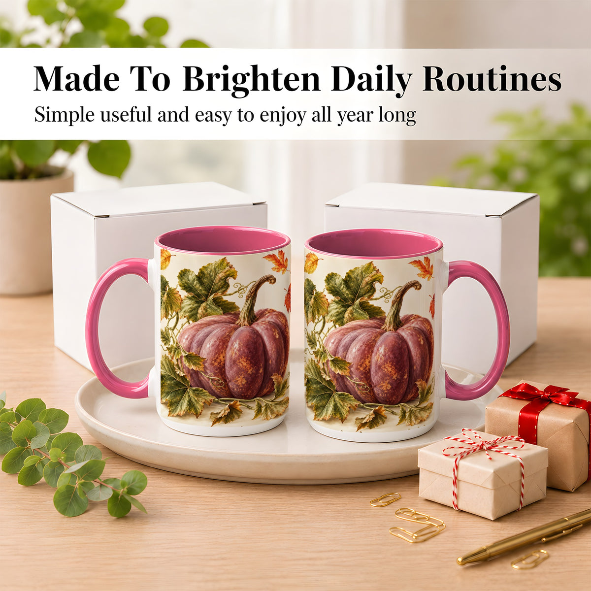 #pl[15oz|Pink] Rustic Mauve Pumpkin Coffee Mug, Autumn Leaves Mug, Ceramic Cup