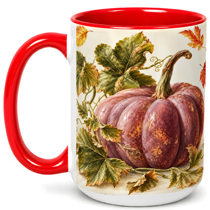 #pl[15oz|Red] Rustic Mauve Pumpkin Coffee Mug, Autumn Leaves Mug, Ceramic Cup