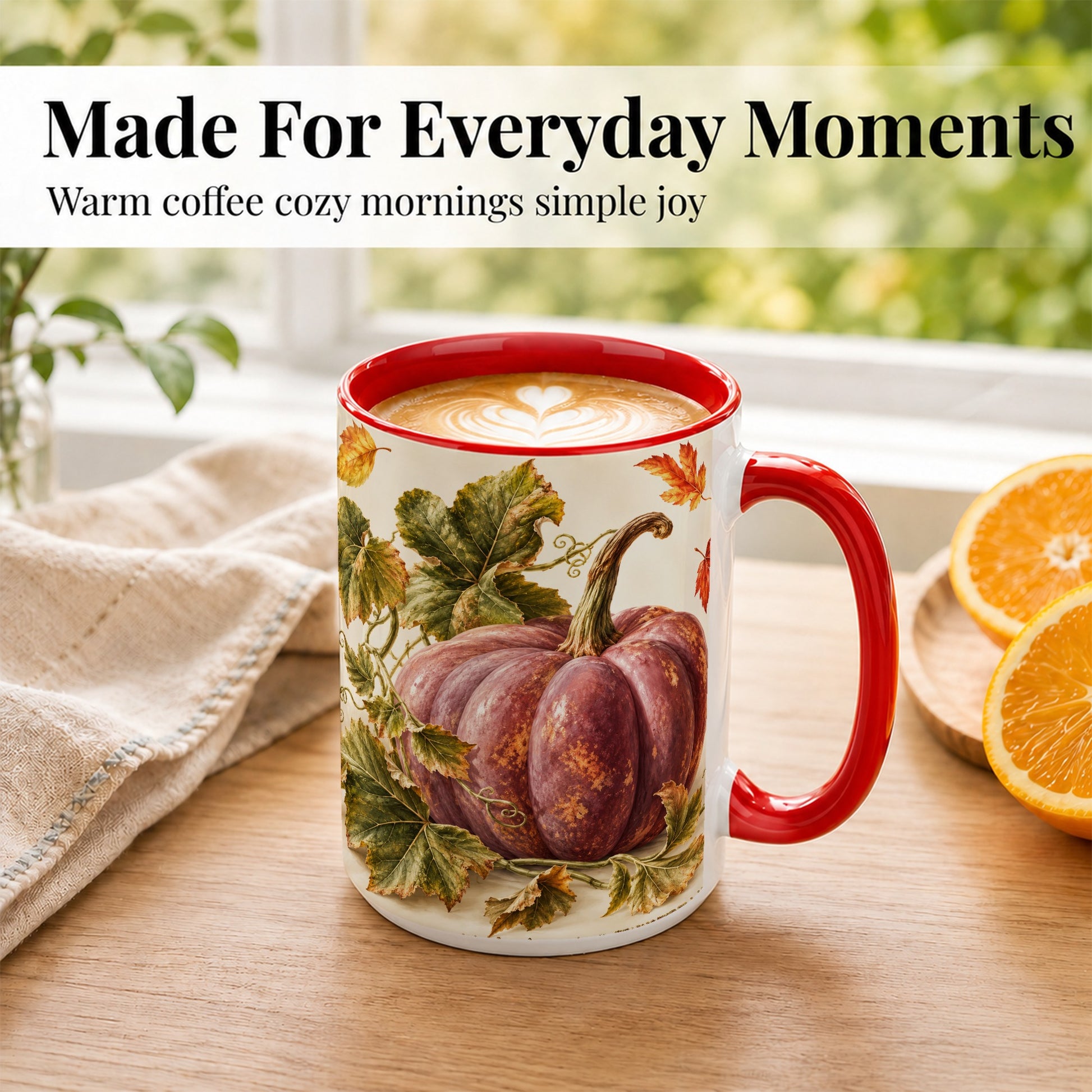 #pl[15oz|Red] Rustic Mauve Pumpkin Coffee Mug, Autumn Leaves Mug, Ceramic Cup