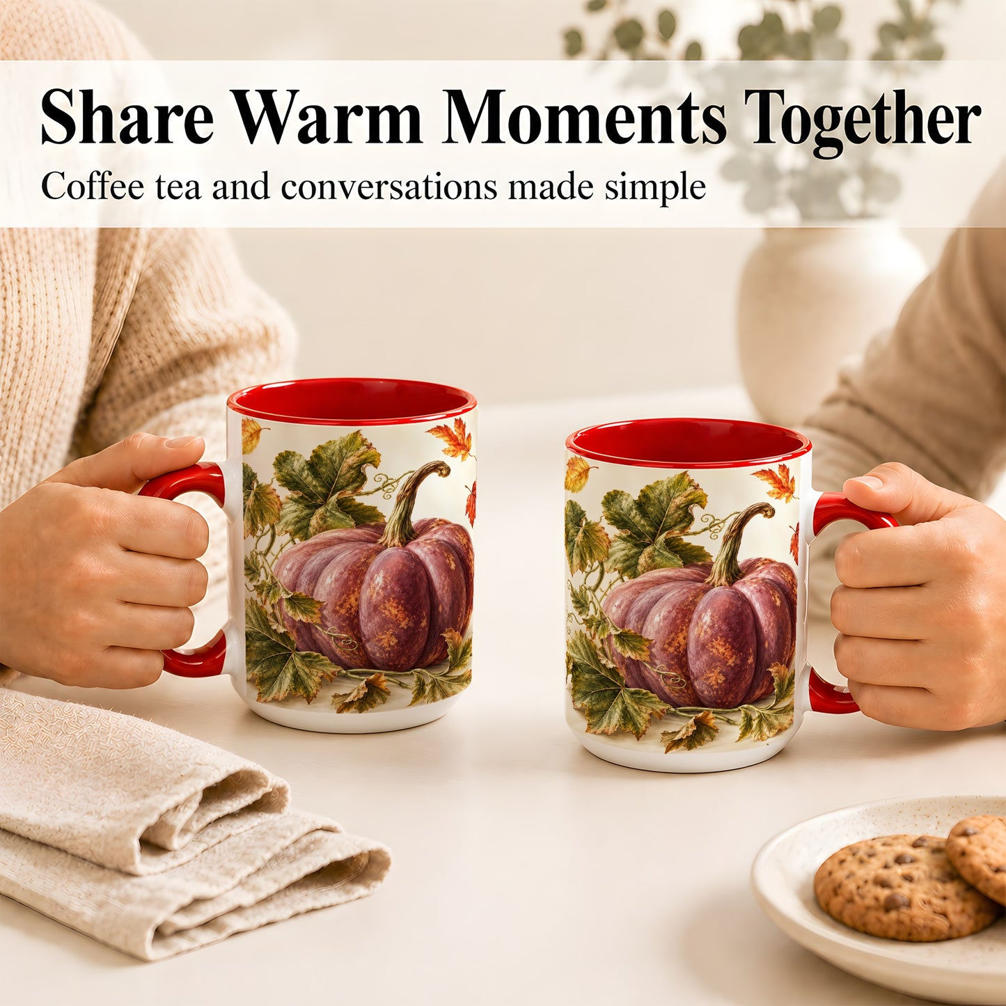 #pl[15oz|Red] Rustic Mauve Pumpkin Coffee Mug, Autumn Leaves Mug, Ceramic Cup